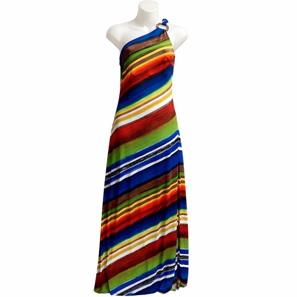 Frank Lyman Striped One Shoulder Multicolor Maxi Dress Sz 6